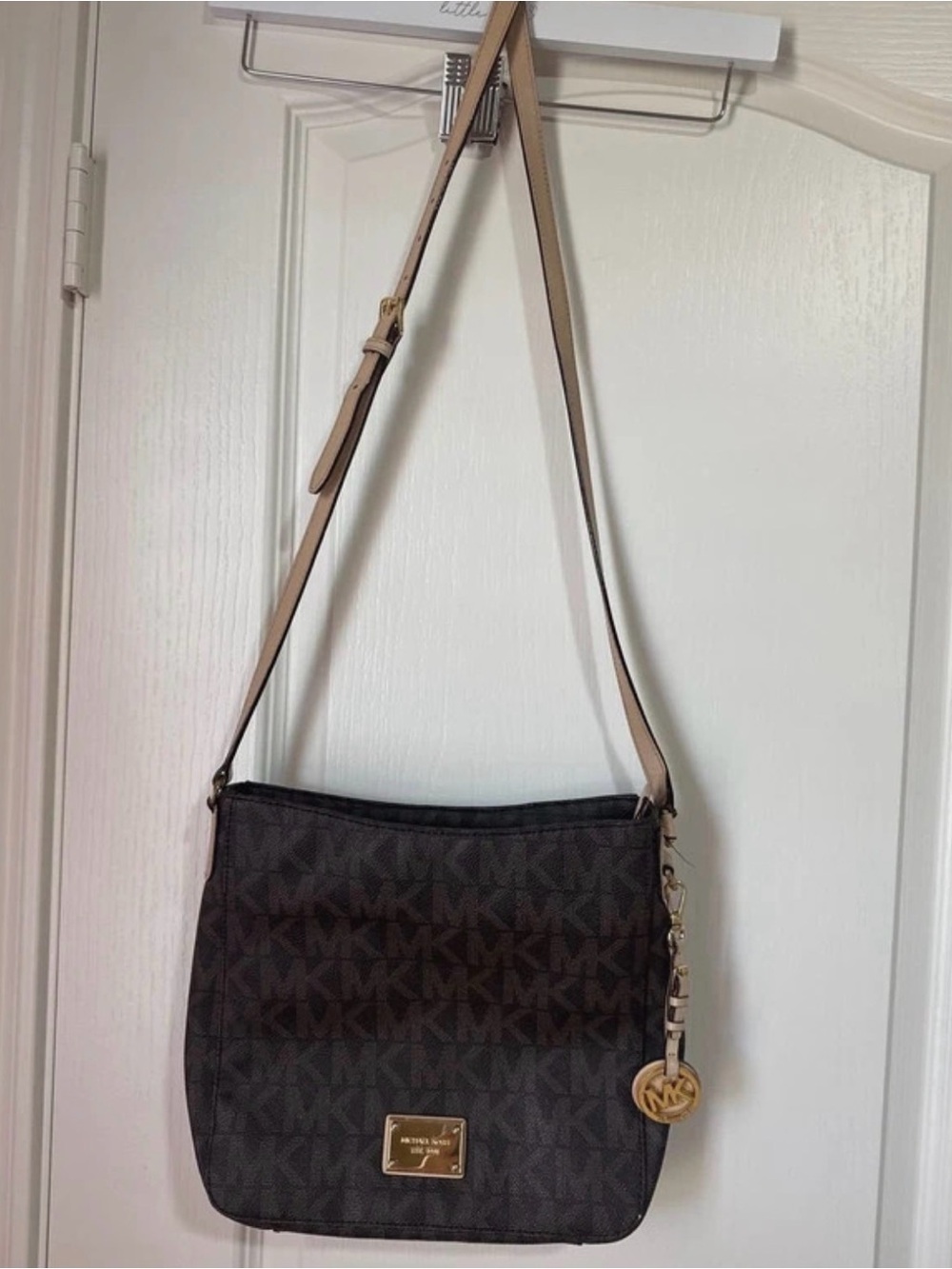 Michael Kors Brown Logo Shoulder Bag with Beige Trim